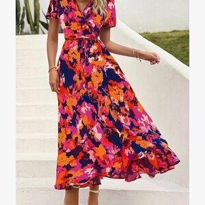 Pretty Garden blue and orange  Ruffled Tiered Maxi Dress